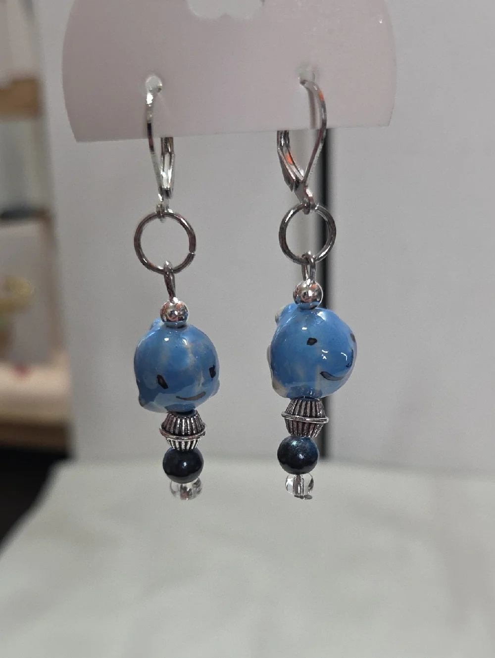 Handcrafted White Blue Fish Pierced Earrings Silver Lever Back Handmade Unique